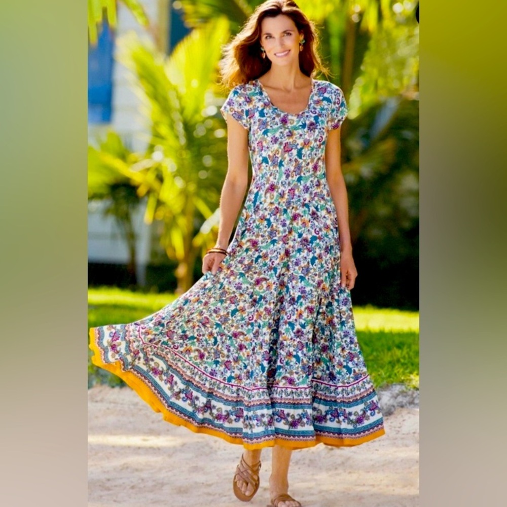 Soft Surroundings Floral Maxi Dress with Yellow Trim